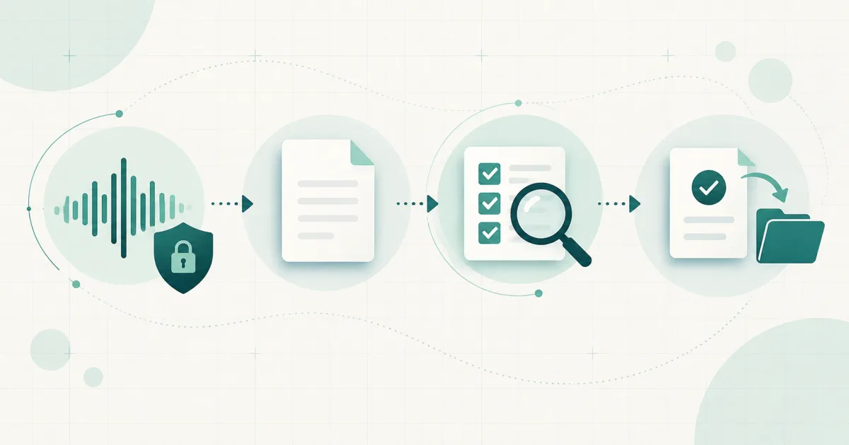 Clinical documentation workflow from encounter capture to draft note, clinician review, and approved record.